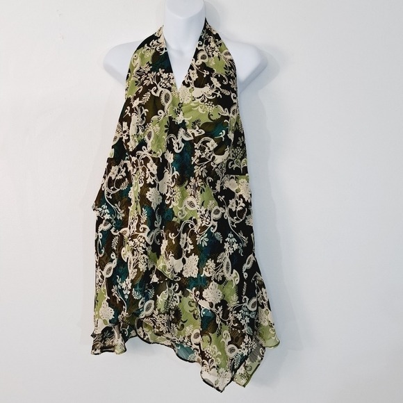 Lane Bryant Halter‎ Chiffon Kerchief Earth Tones Olive Tiered Ruffle Top - Picture 1 of 6